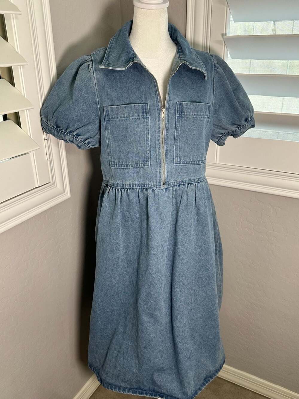 Böhme ID48985-B Half-Zip Puff Sleeve Denim Dress